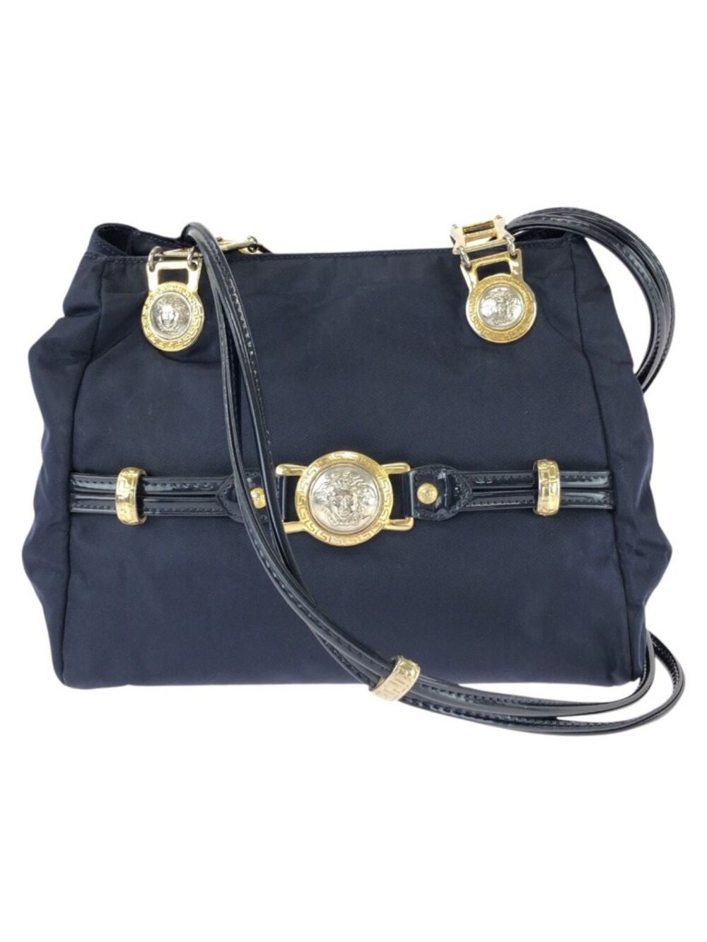 Versace Vintage Medusa Navy Gold Nylon Patent Shoulder Bag